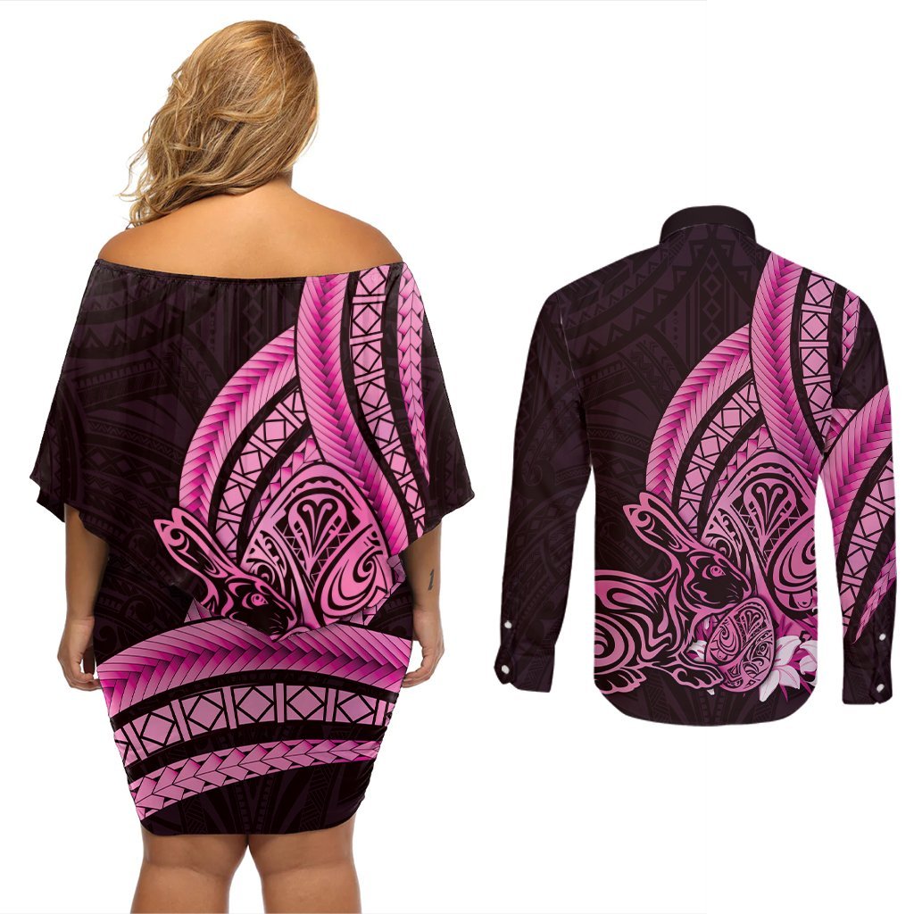 Pink Polynesia Easter Day Couples Matching Off Shoulder Short Dress and Long Sleeve Button Shirt Eggs With Bunny Polynesian Pattern LT14 - Polynesian Pride