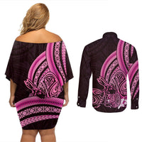 Pink Polynesia Easter Day Couples Matching Off Shoulder Short Dress and Long Sleeve Button Shirt Eggs With Bunny Polynesian Pattern LT14 - Polynesian Pride