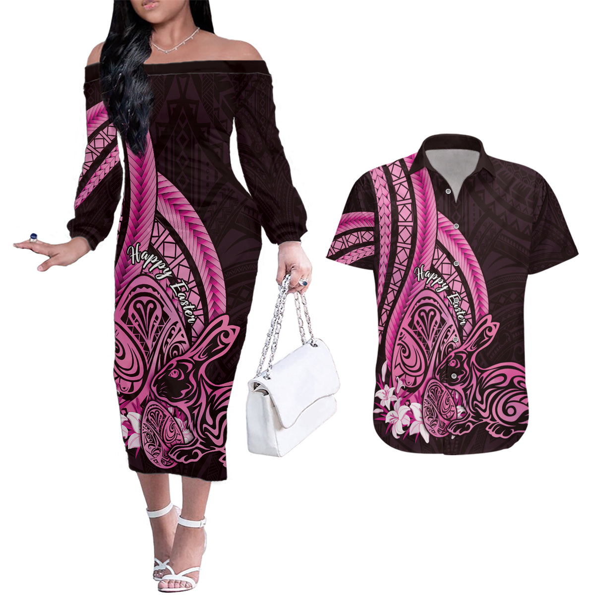 Pink Polynesia Easter Day Couples Matching Off The Shoulder Long Sleeve Dress and Hawaiian Shirt Eggs With Bunny Polynesian Pattern
