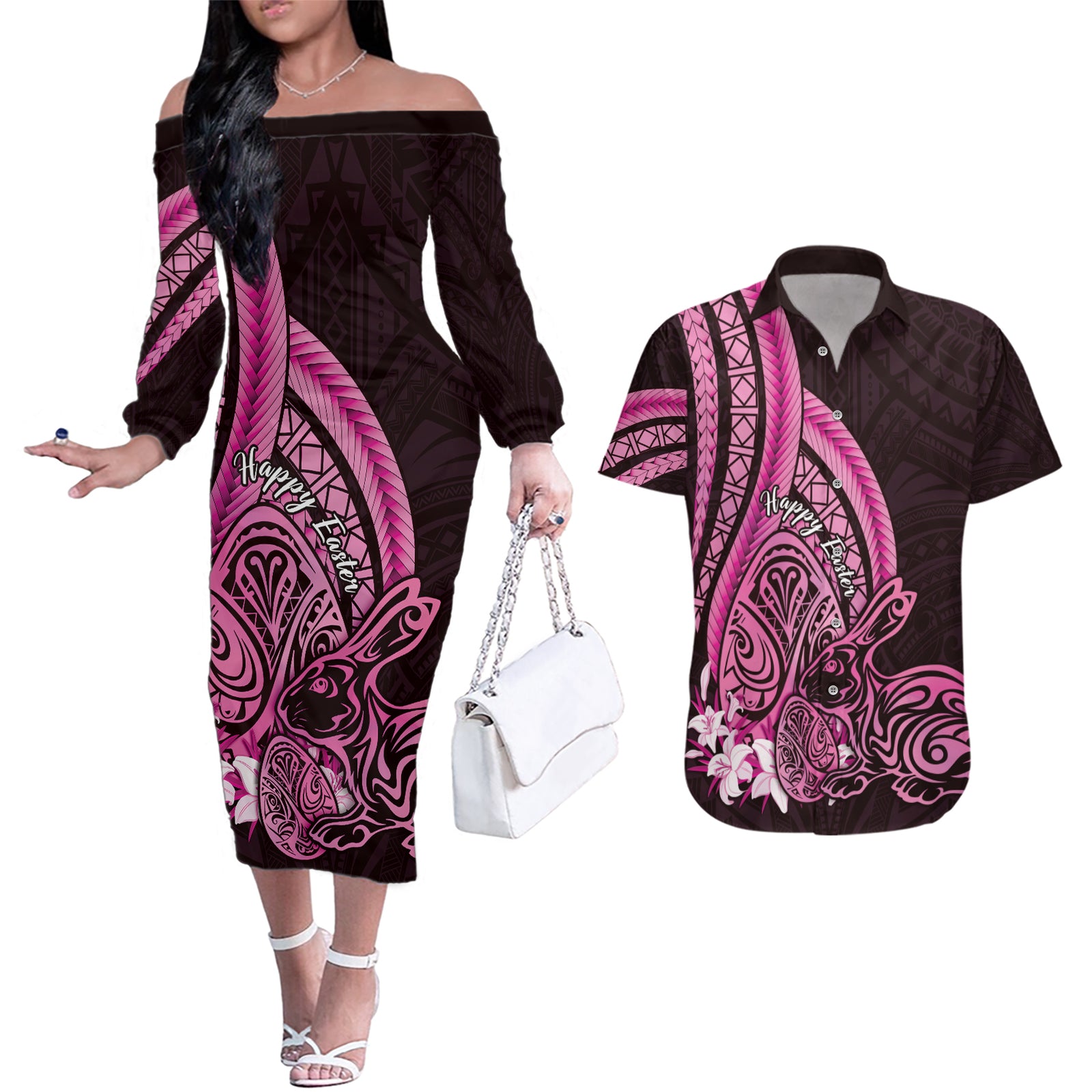 Pink Polynesia Easter Day Couples Matching Off The Shoulder Long Sleeve Dress and Hawaiian Shirt Eggs With Bunny Polynesian Pattern