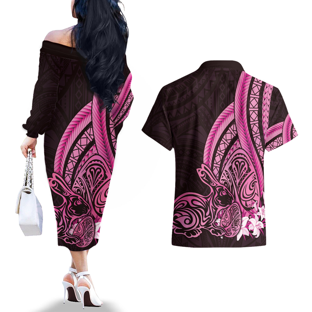 Pink Polynesia Easter Day Couples Matching Off The Shoulder Long Sleeve Dress and Hawaiian Shirt Eggs With Bunny Polynesian Pattern