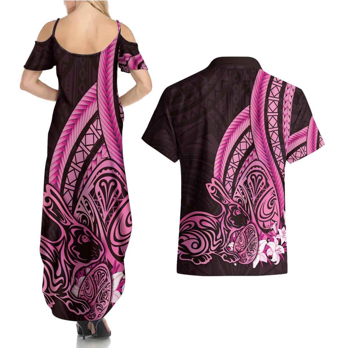Pink Polynesia Easter Day Couples Matching Summer Maxi Dress and Hawaiian Shirt Eggs With Bunny Polynesian Pattern