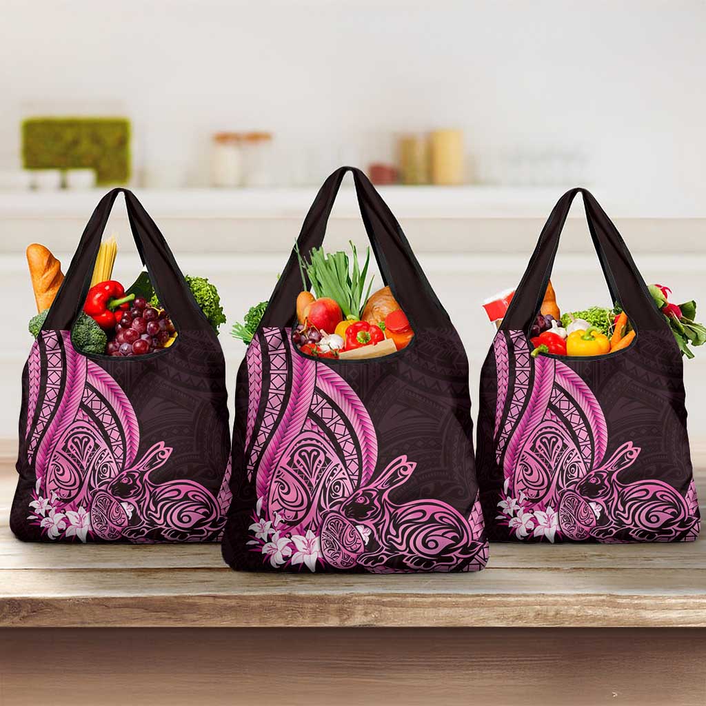 Pink Polynesia Easter Day Grocery Bag Eggs With Bunny Polynesian Pattern