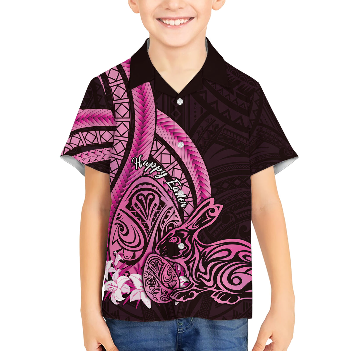 Pink Polynesia Easter Day Kid Hawaiian Shirt Eggs With Bunny Polynesian Pattern