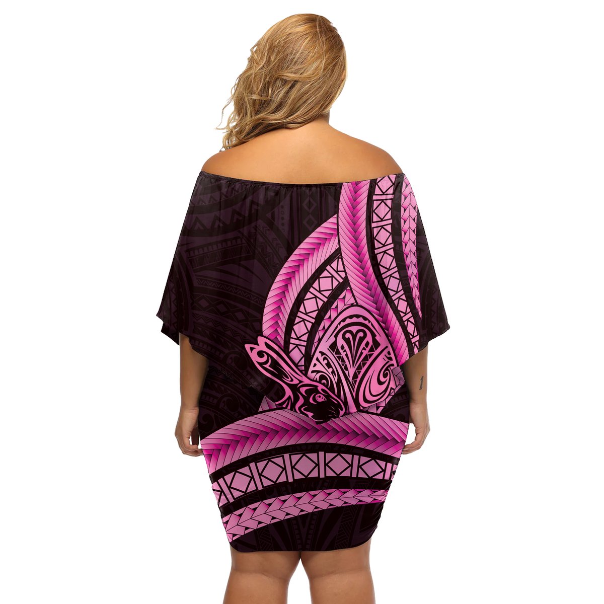 Pink Polynesia Easter Day Off Shoulder Short Dress Eggs With Bunny Polynesian Pattern