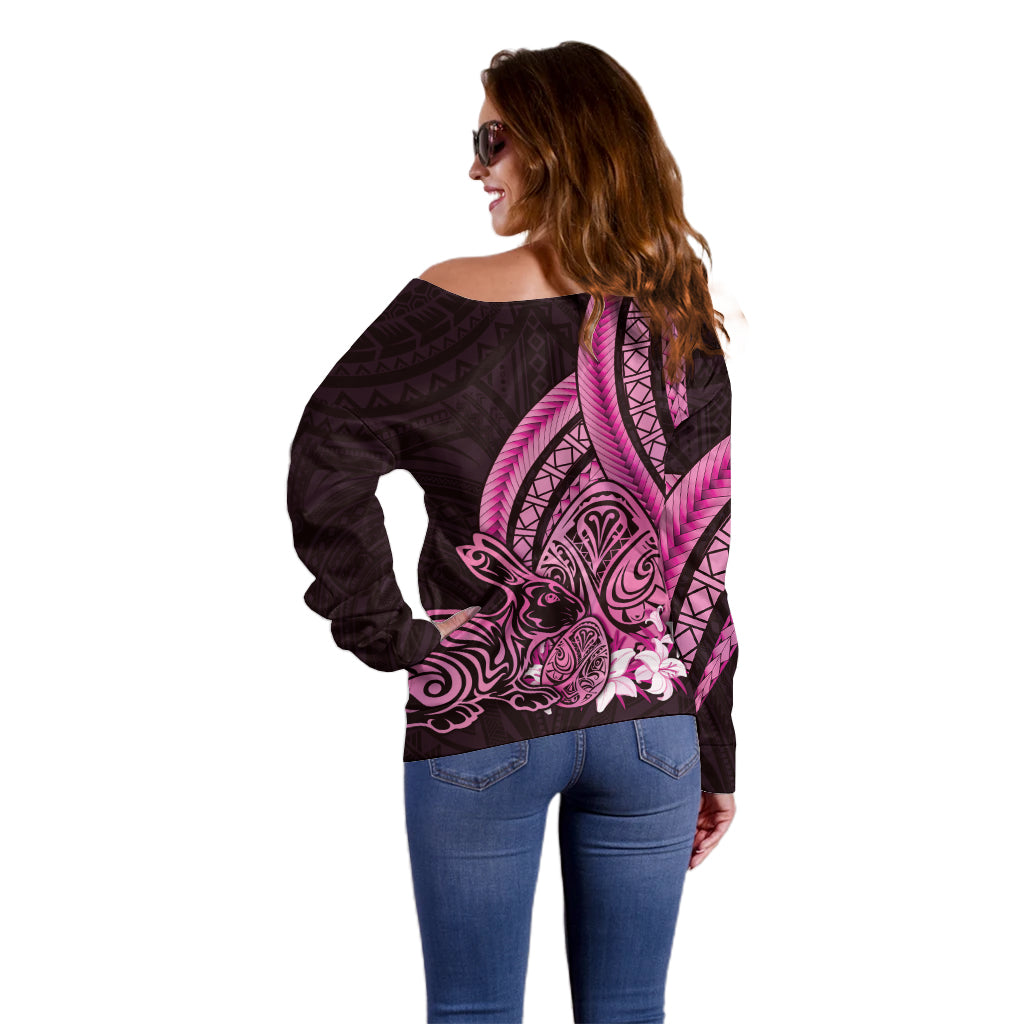Pink Polynesia Easter Day Off Shoulder Sweater Eggs With Bunny Polynesian Pattern