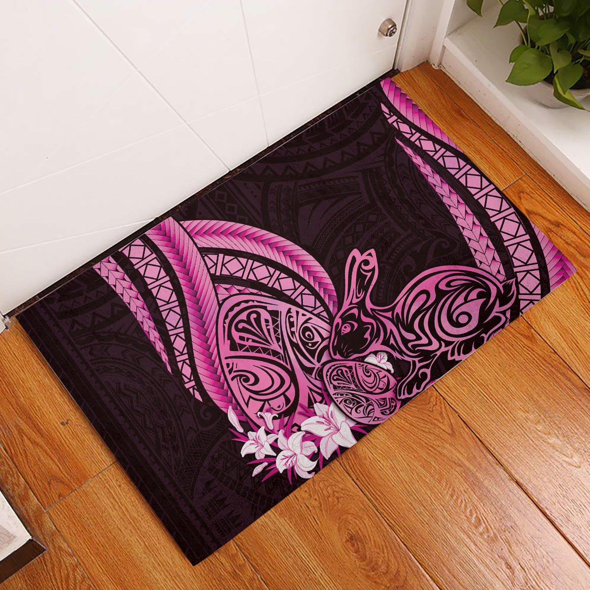 Pink Polynesia Easter Day Rubber Doormat Eggs With Bunny Polynesian Pattern