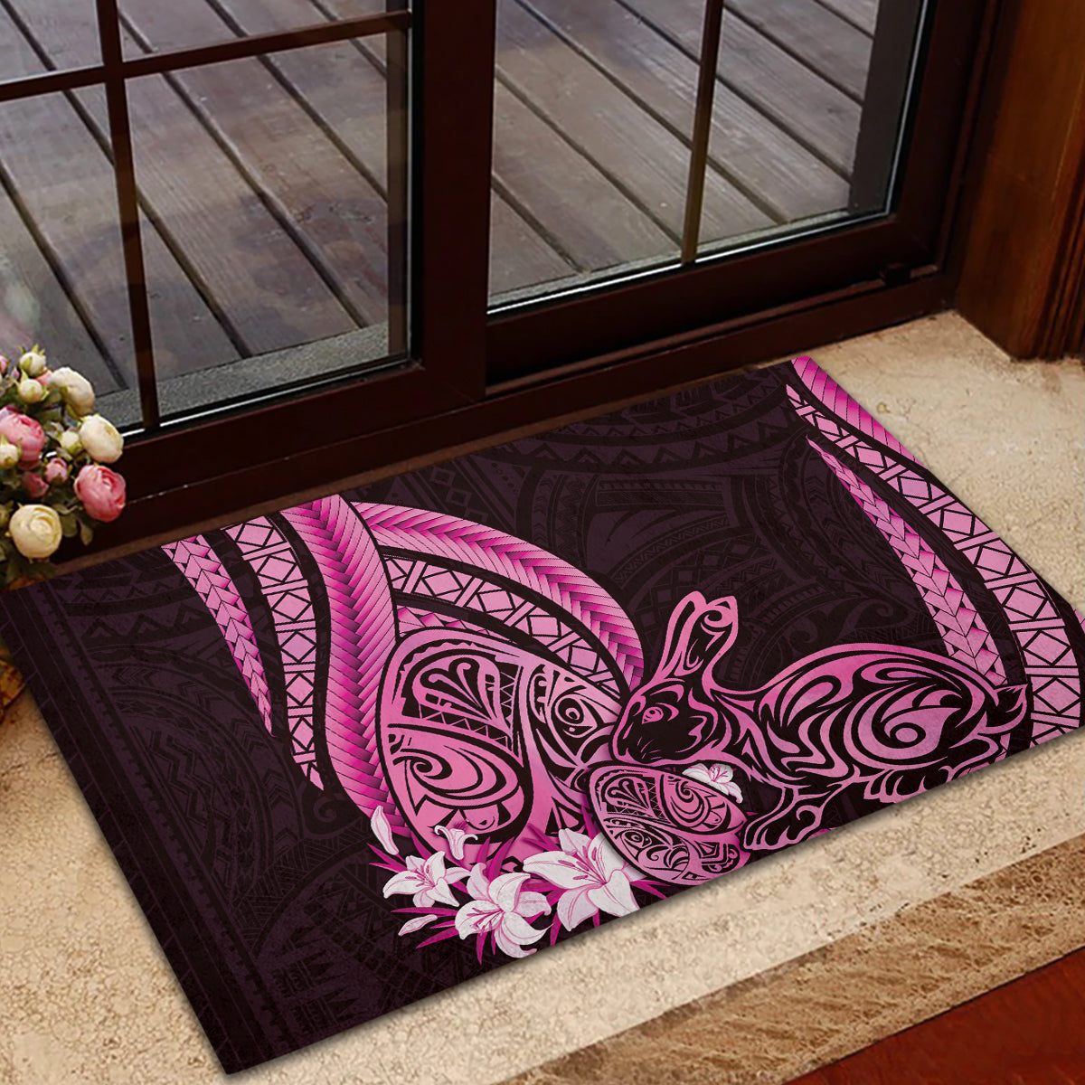 Pink Polynesia Easter Day Rubber Doormat Eggs With Bunny Polynesian Pattern