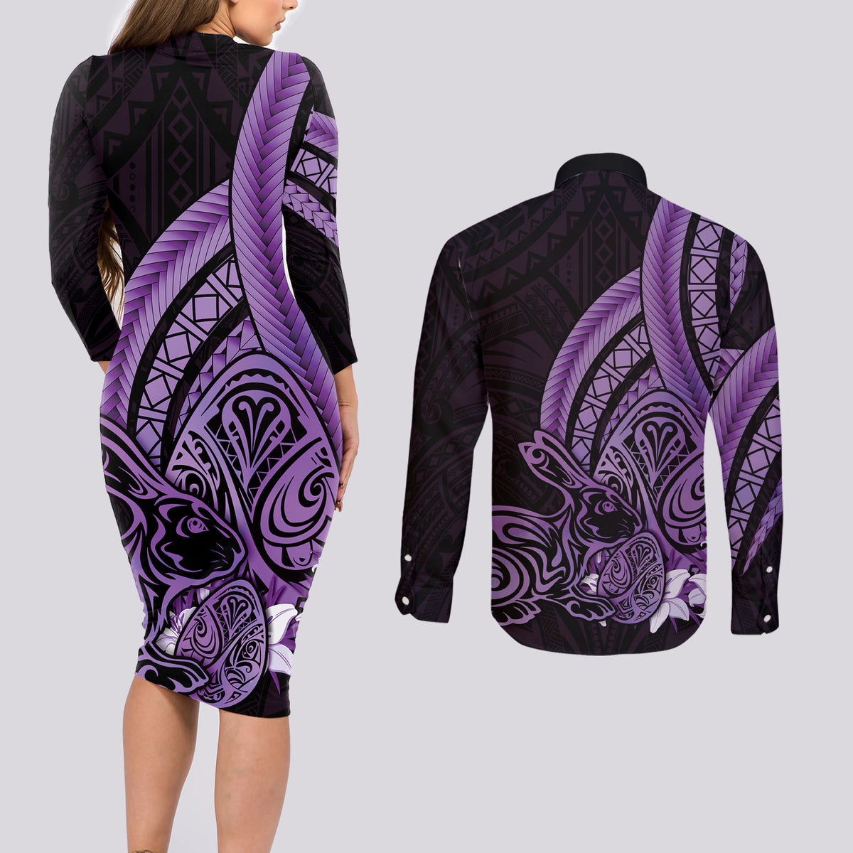 Purple Polynesia Easter Day Couples Matching Long Sleeve Bodycon Dress and Long Sleeve Button Shirt Eggs With Bunny Polynesian Pattern