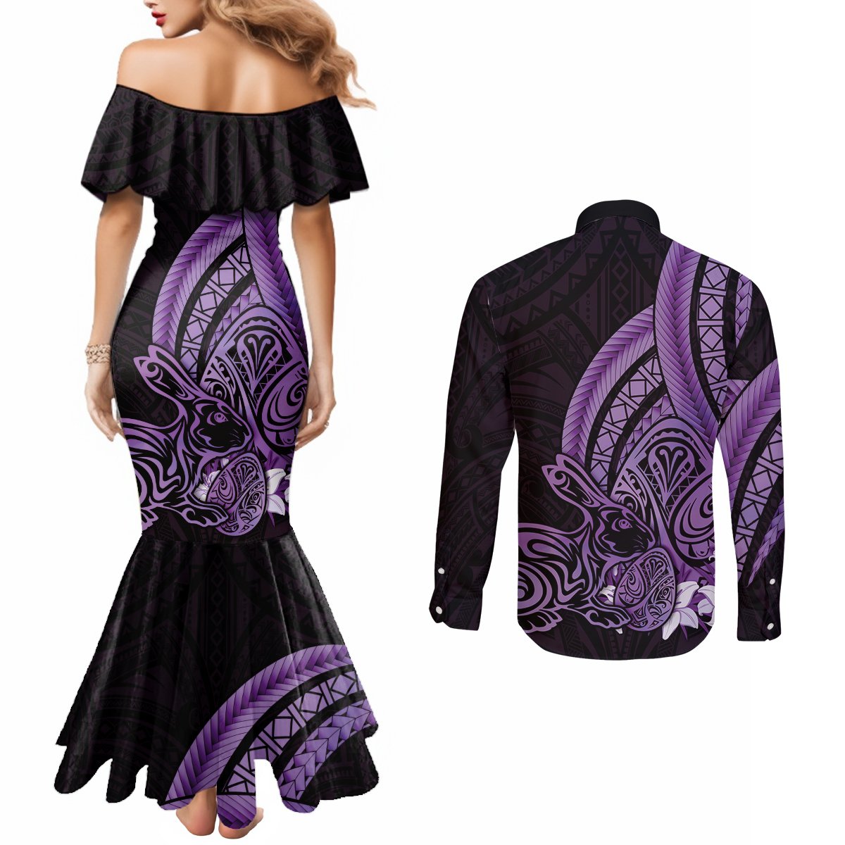 Purple Polynesia Easter Day Couples Matching Mermaid Dress and Long Sleeve Button Shirt Eggs With Bunny Polynesian Pattern