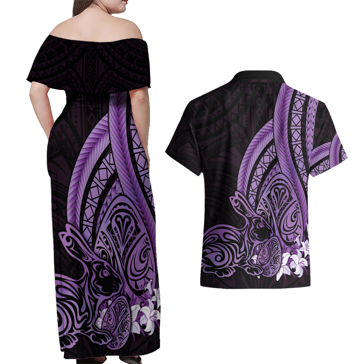 Purple Polynesia Easter Day Couples Matching Off Shoulder Maxi Dress and Hawaiian Shirt Eggs With Bunny Polynesian Pattern