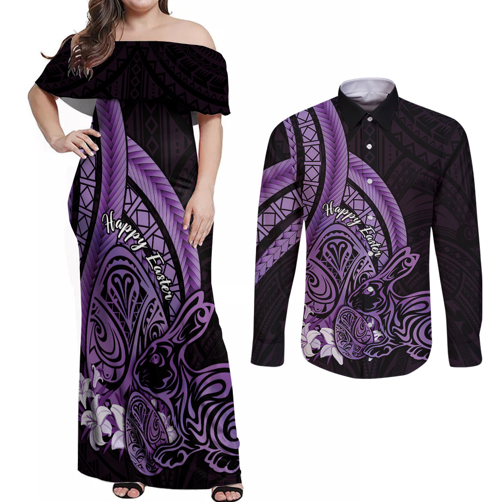 Purple Polynesia Easter Day Couples Matching Off Shoulder Maxi Dress and Long Sleeve Button Shirt Eggs With Bunny Polynesian Pattern