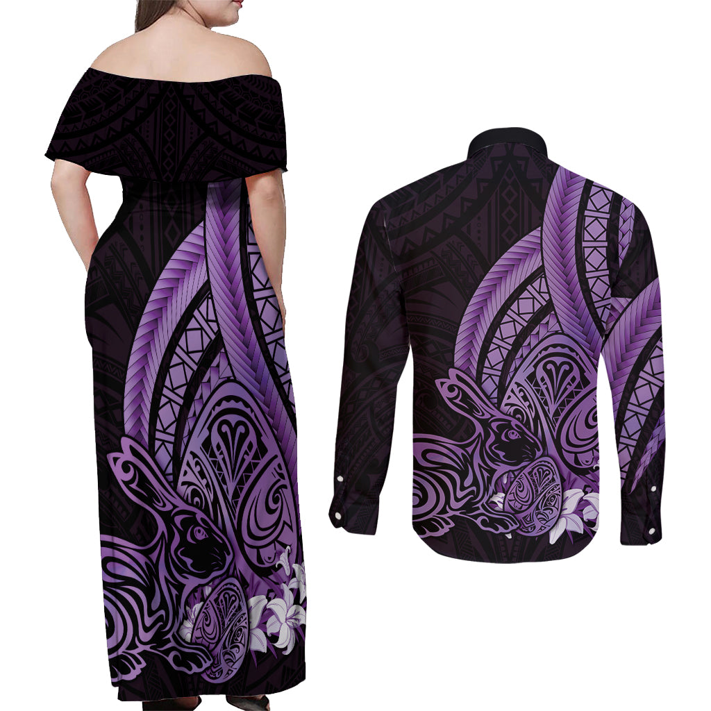 Purple Polynesia Easter Day Couples Matching Off Shoulder Maxi Dress and Long Sleeve Button Shirt Eggs With Bunny Polynesian Pattern