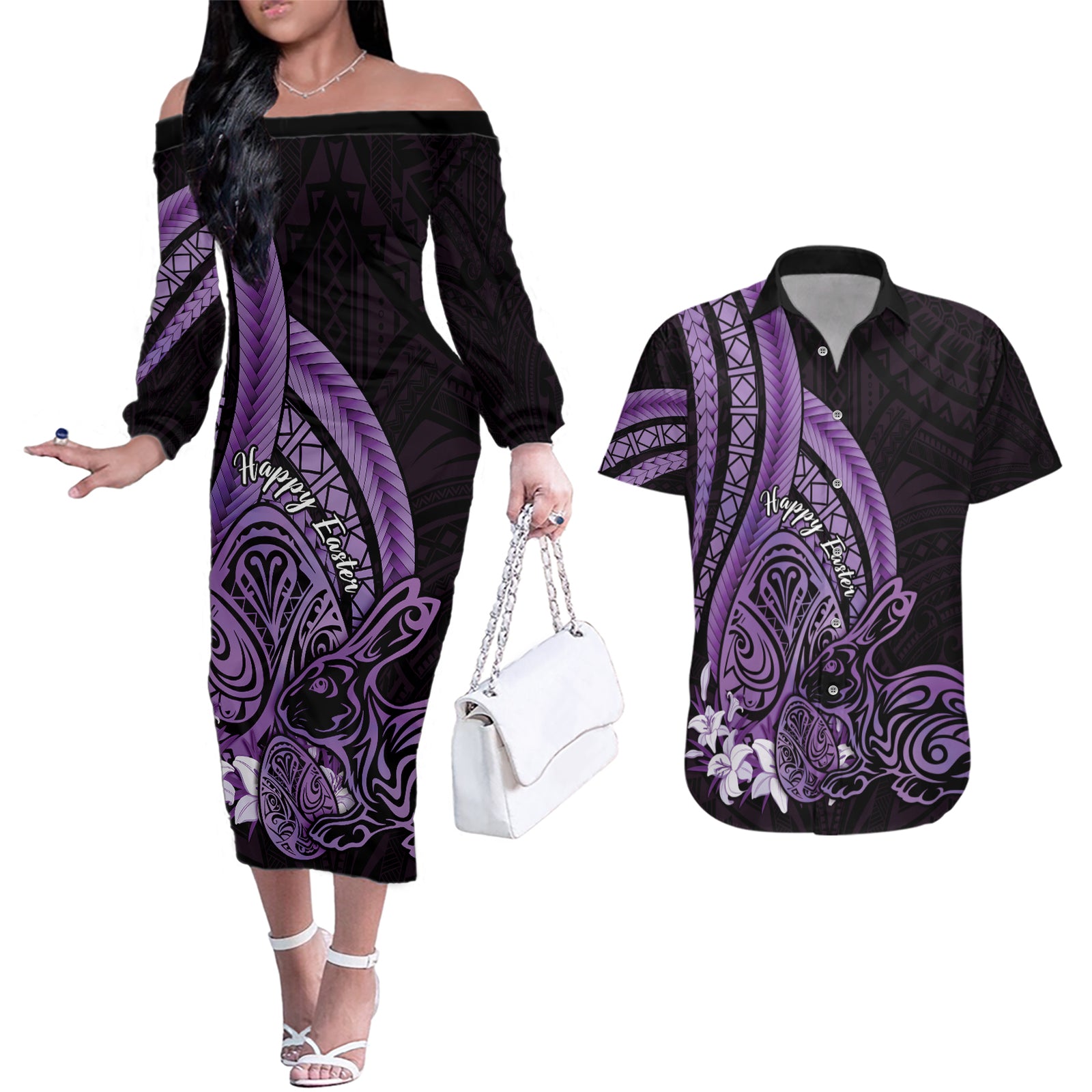 Purple Polynesia Easter Day Couples Matching Off The Shoulder Long Sleeve Dress and Hawaiian Shirt Eggs With Bunny Polynesian Pattern