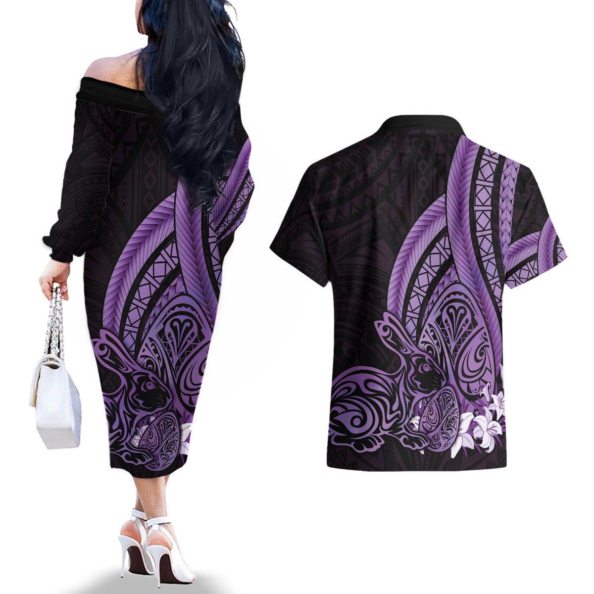 Purple Polynesia Easter Day Couples Matching Off The Shoulder Long Sleeve Dress and Hawaiian Shirt Eggs With Bunny Polynesian Pattern