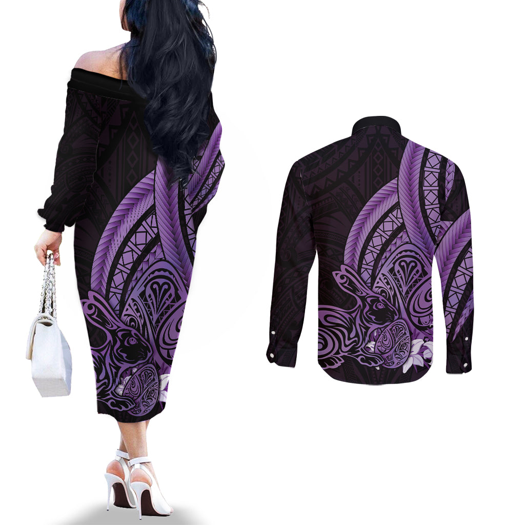 Purple Polynesia Easter Day Couples Matching Off The Shoulder Long Sleeve Dress and Long Sleeve Button Shirt Eggs With Bunny Polynesian Pattern