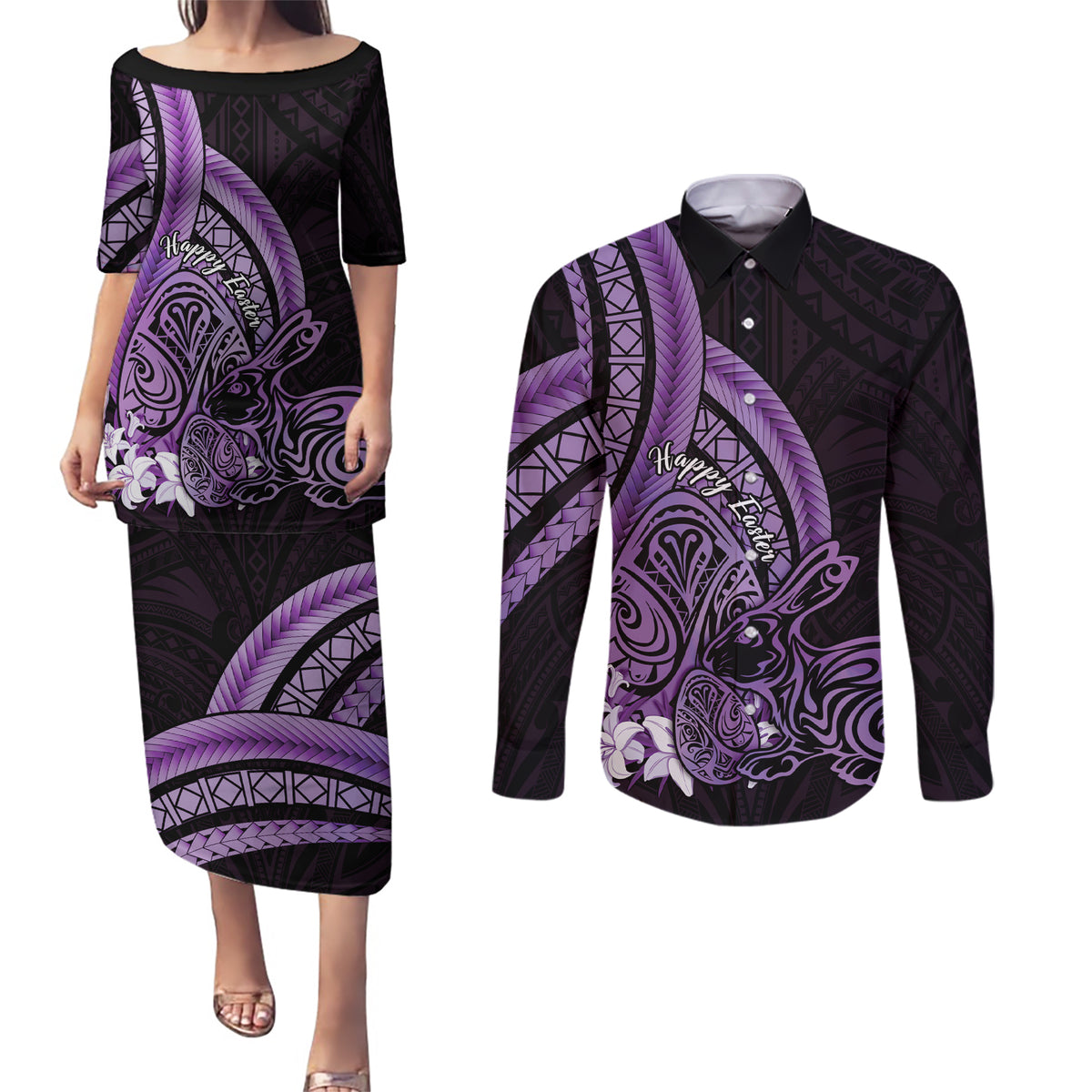 Purple Polynesia Easter Day Couples Matching Puletasi and Long Sleeve Button Shirt Eggs With Bunny Polynesian Pattern