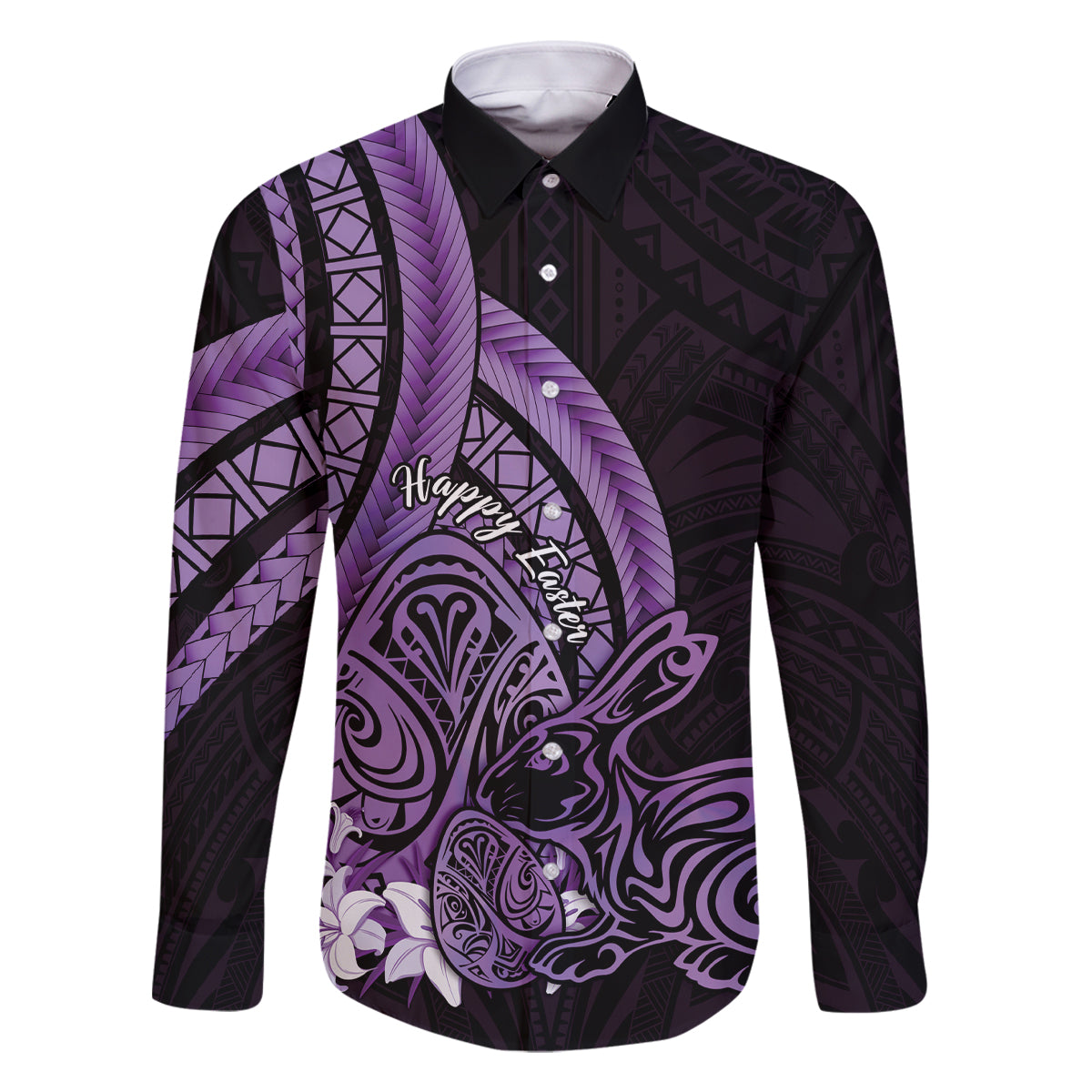 Purple Polynesia Easter Day Family Matching Off Shoulder Short Dress and Hawaiian Shirt Eggs With Bunny Polynesian Pattern