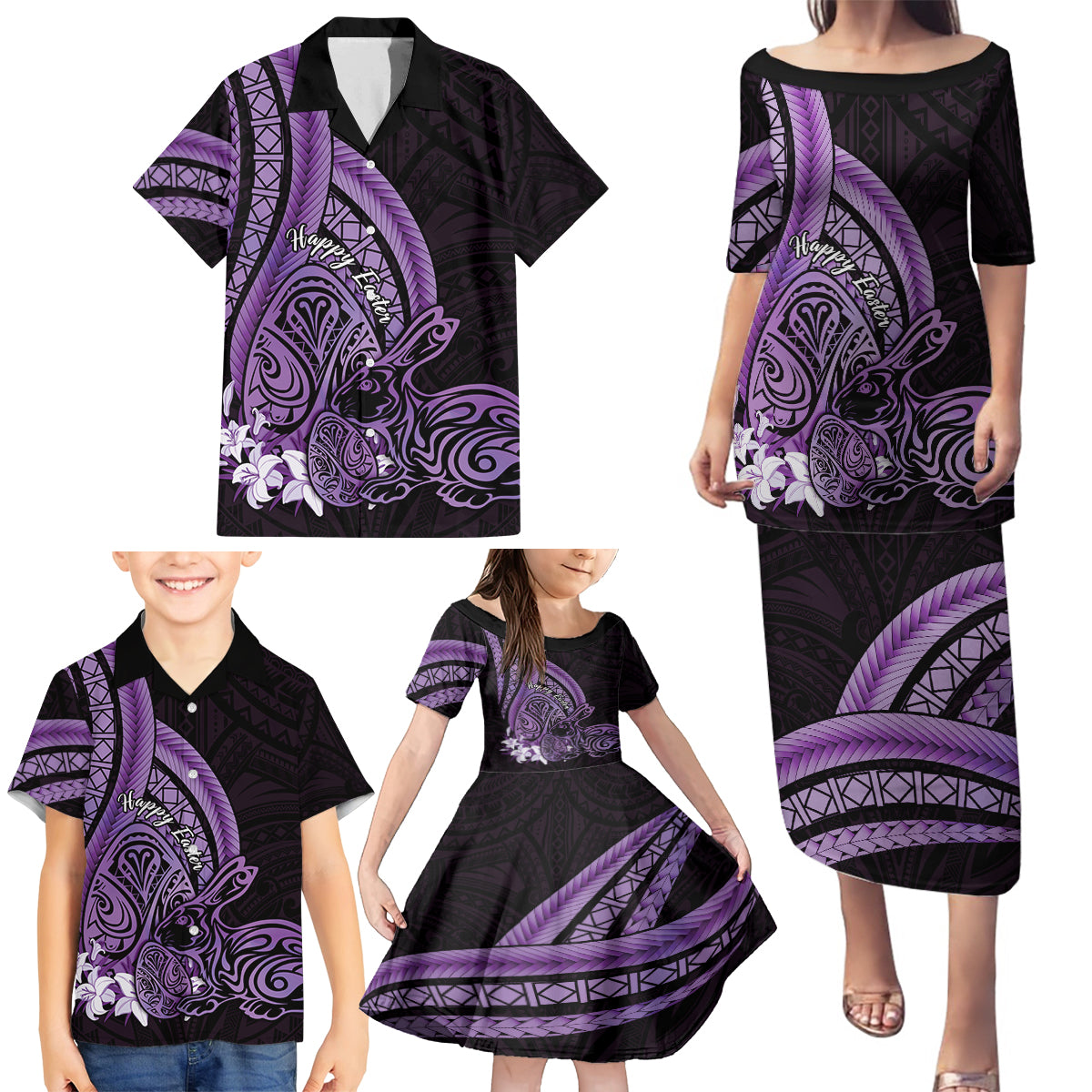 Purple Polynesia Easter Day Family Matching Puletasi and Hawaiian Shirt Eggs With Bunny Polynesian Pattern LT14 - Polynesian Pride