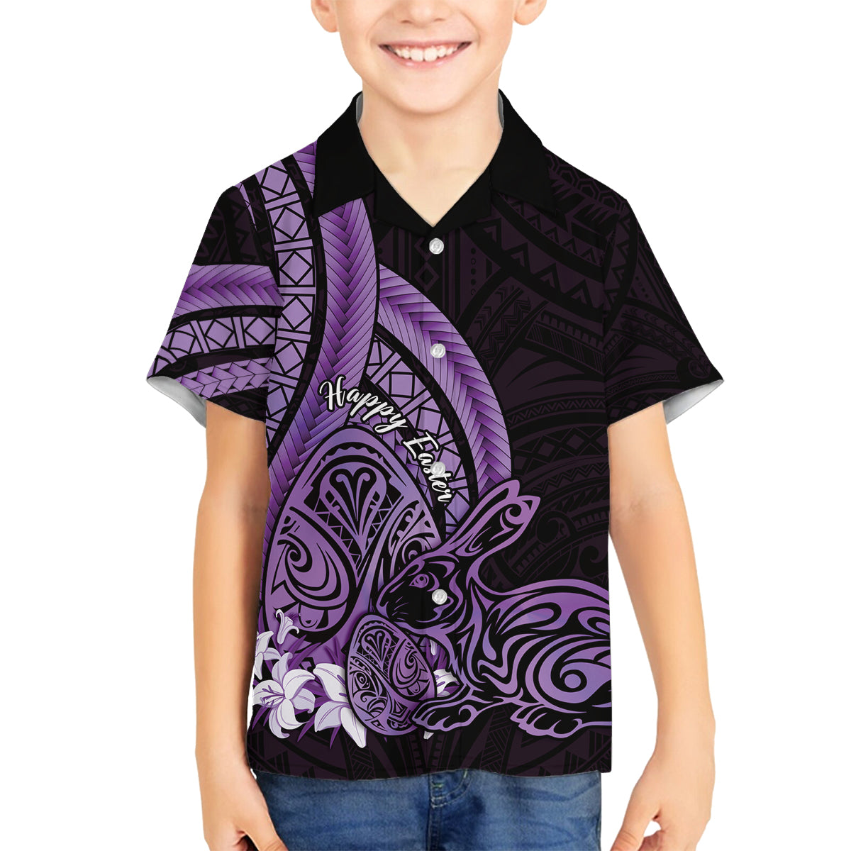 Purple Polynesia Easter Day Family Matching Summer Maxi Dress and Hawaiian Shirt Eggs With Bunny Polynesian Pattern