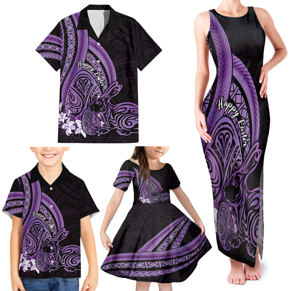Purple Polynesia Easter Day Family Matching Tank Maxi Dress and Hawaiian Shirt Eggs With Bunny Polynesian Pattern LT14 - Polynesian Pride