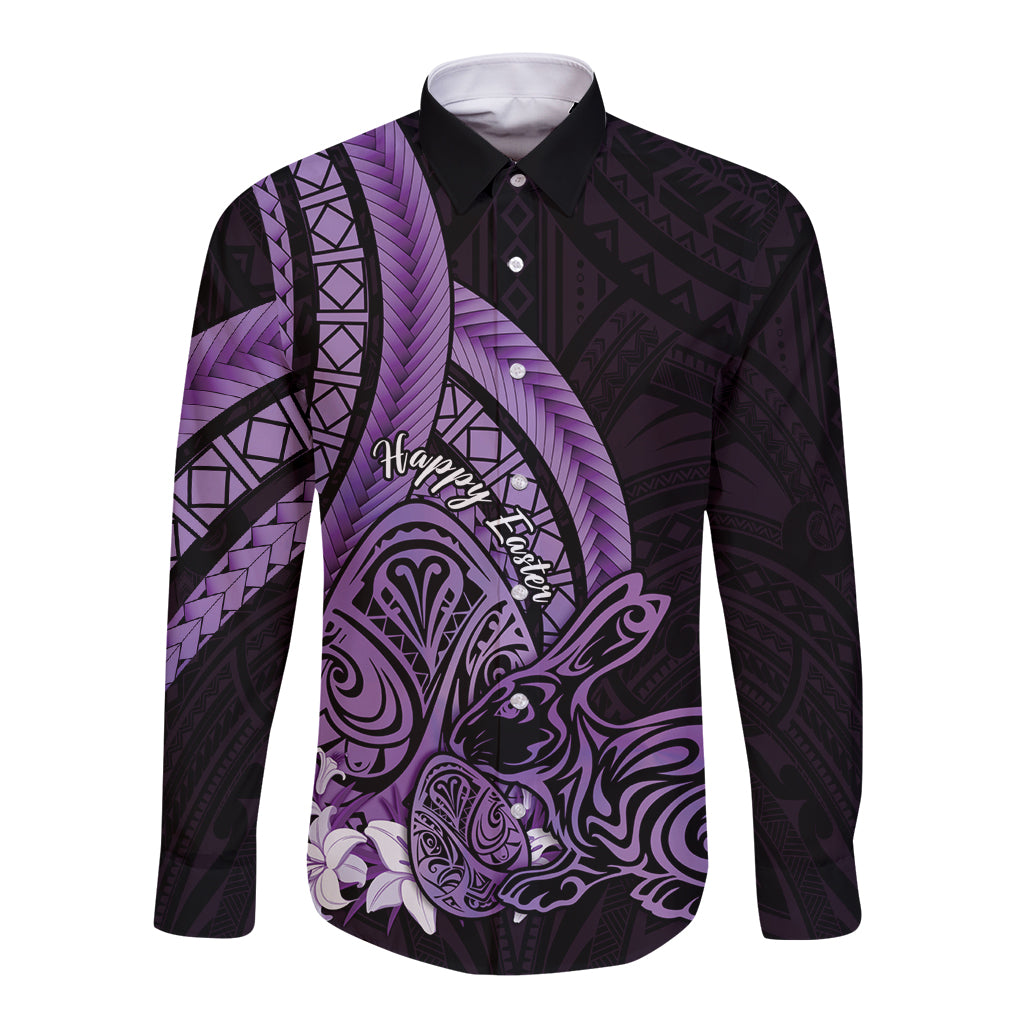 Purple Polynesia Easter Day Long Sleeve Button Shirt Eggs With Bunny Polynesian Pattern LT14 Unisex Purple - Polynesian Pride