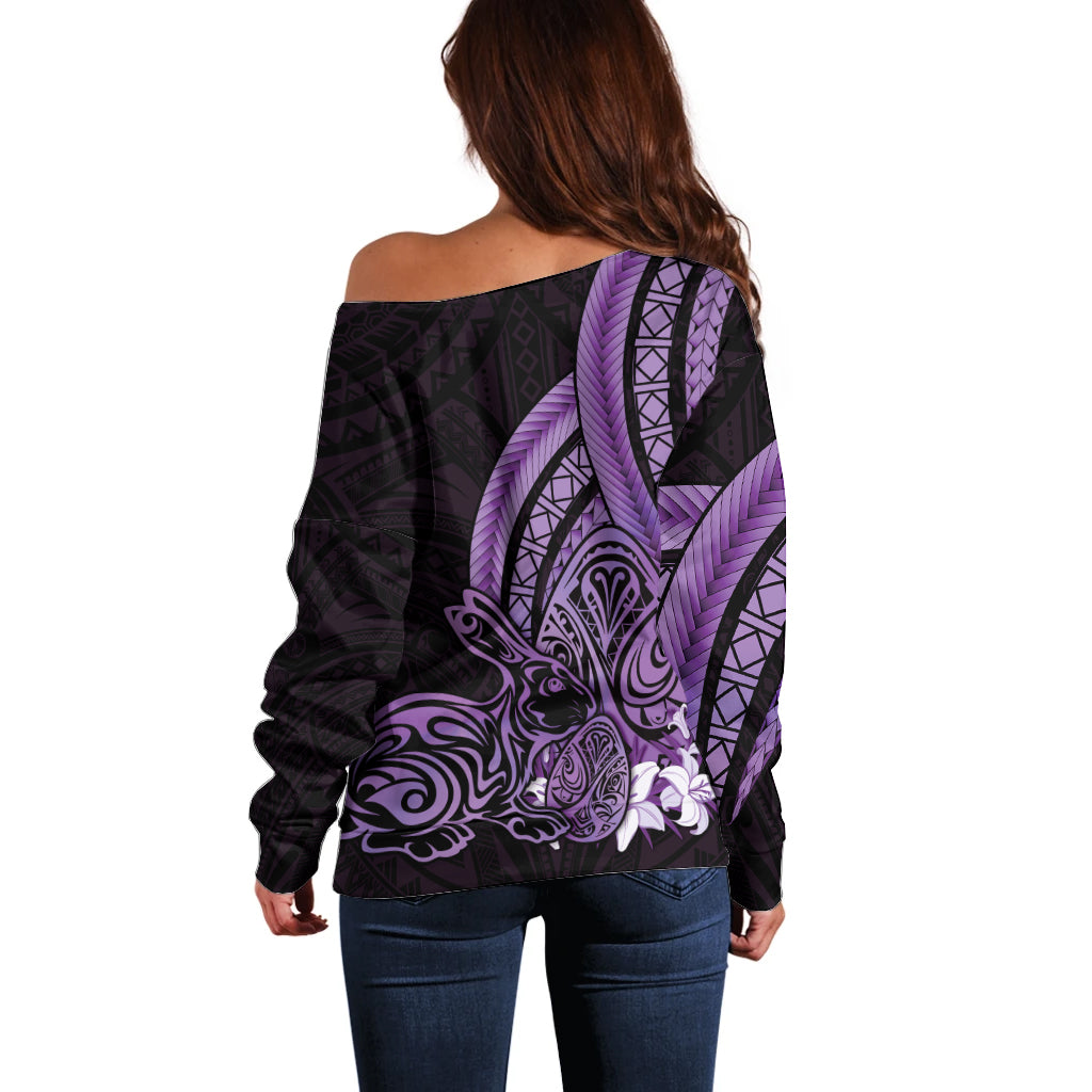 Purple Polynesia Easter Day Off Shoulder Sweater Eggs With Bunny Polynesian Pattern