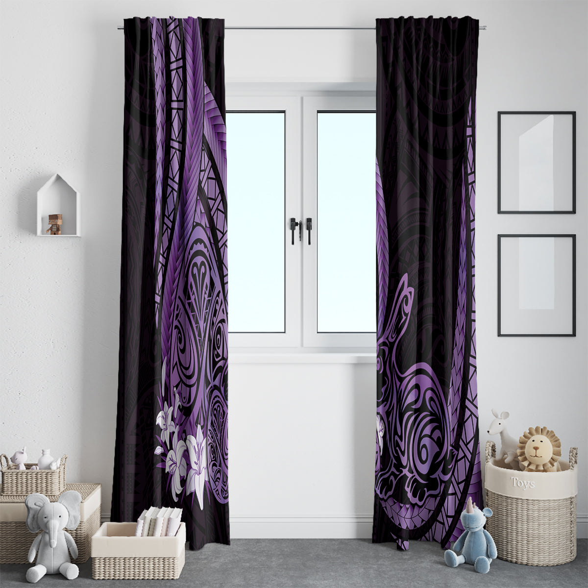 Purple Polynesia Easter Day Window Curtain Eggs With Bunny Polynesian Pattern