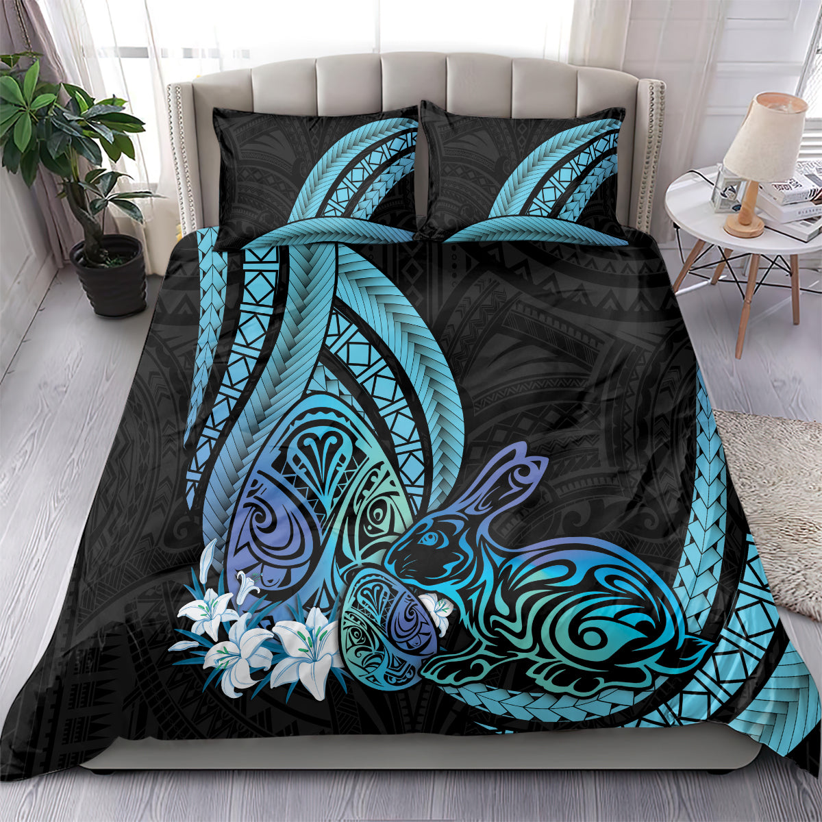 Turquoise Polynesia Easter Day Bedding Set Eggs With Bunny Polynesian Pattern