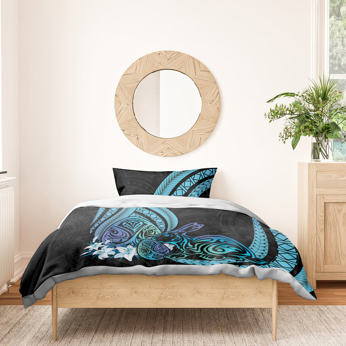 Turquoise Polynesia Easter Day Bedding Set Eggs With Bunny Polynesian Pattern