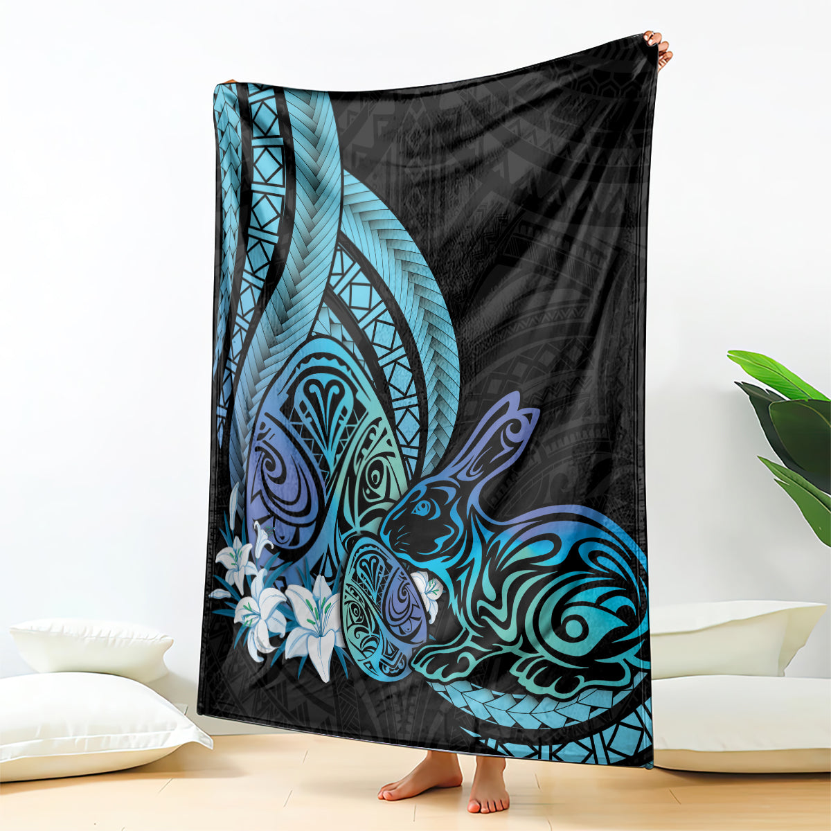 Turquoise Polynesia Easter Day Blanket Eggs With Bunny Polynesian Pattern