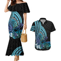 Turquoise Polynesia Easter Day Couples Matching Mermaid Dress and Hawaiian Shirt Eggs With Bunny Polynesian Pattern LT14 Turquoise - Polynesian Pride