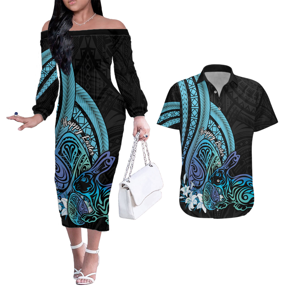 Turquoise Polynesia Easter Day Couples Matching Off The Shoulder Long Sleeve Dress and Hawaiian Shirt Eggs With Bunny Polynesian Pattern