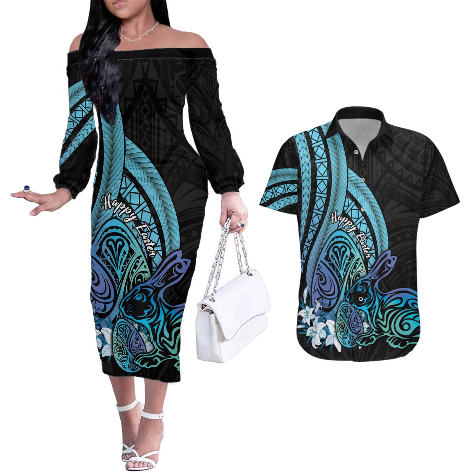 Turquoise Polynesia Easter Day Couples Matching Off The Shoulder Long Sleeve Dress and Hawaiian Shirt Eggs With Bunny Polynesian Pattern