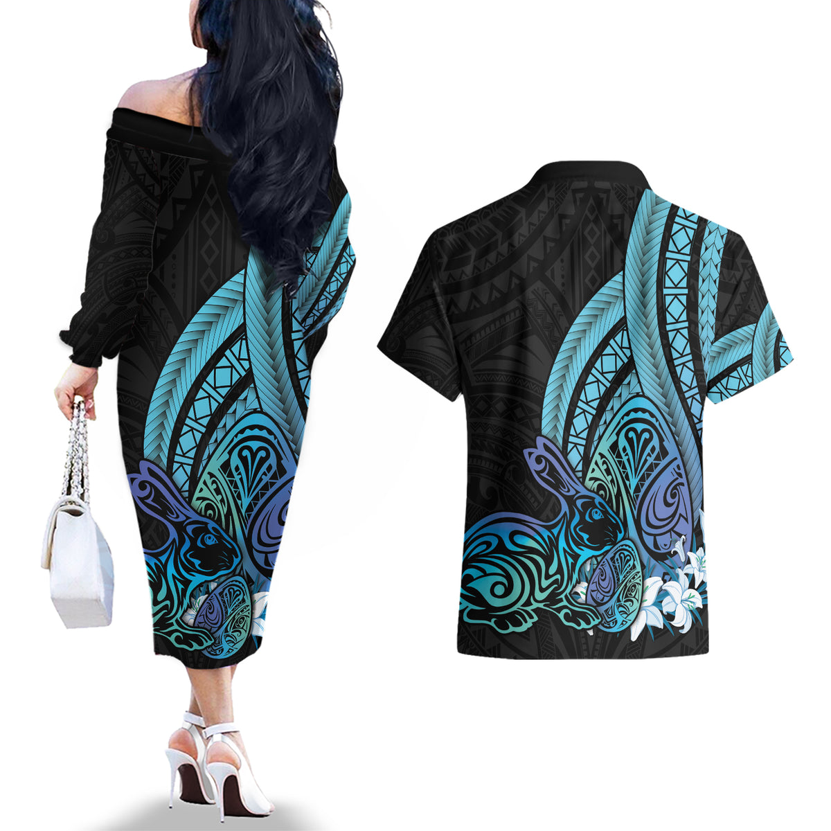 Turquoise Polynesia Easter Day Couples Matching Off The Shoulder Long Sleeve Dress and Hawaiian Shirt Eggs With Bunny Polynesian Pattern