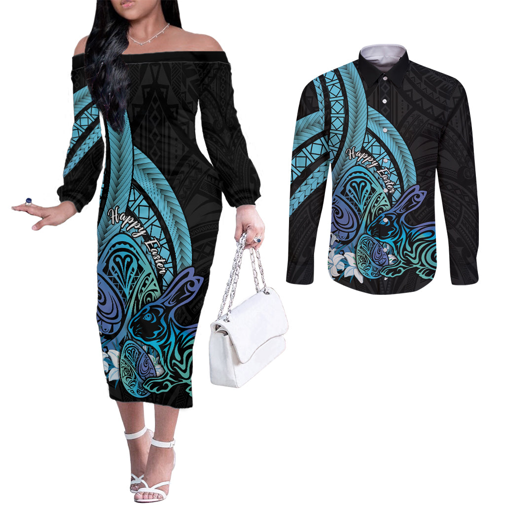 Turquoise Polynesia Easter Day Couples Matching Off The Shoulder Long Sleeve Dress and Long Sleeve Button Shirt Eggs With Bunny Polynesian Pattern