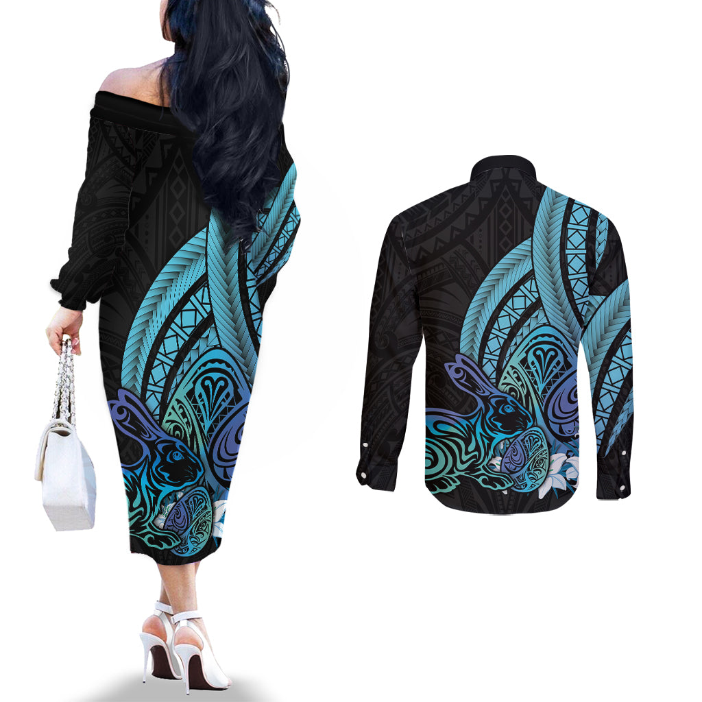Turquoise Polynesia Easter Day Couples Matching Off The Shoulder Long Sleeve Dress and Long Sleeve Button Shirt Eggs With Bunny Polynesian Pattern