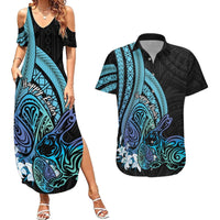 Turquoise Polynesia Easter Day Couples Matching Summer Maxi Dress and Hawaiian Shirt Eggs With Bunny Polynesian Pattern LT14 Turquoise - Polynesian Pride