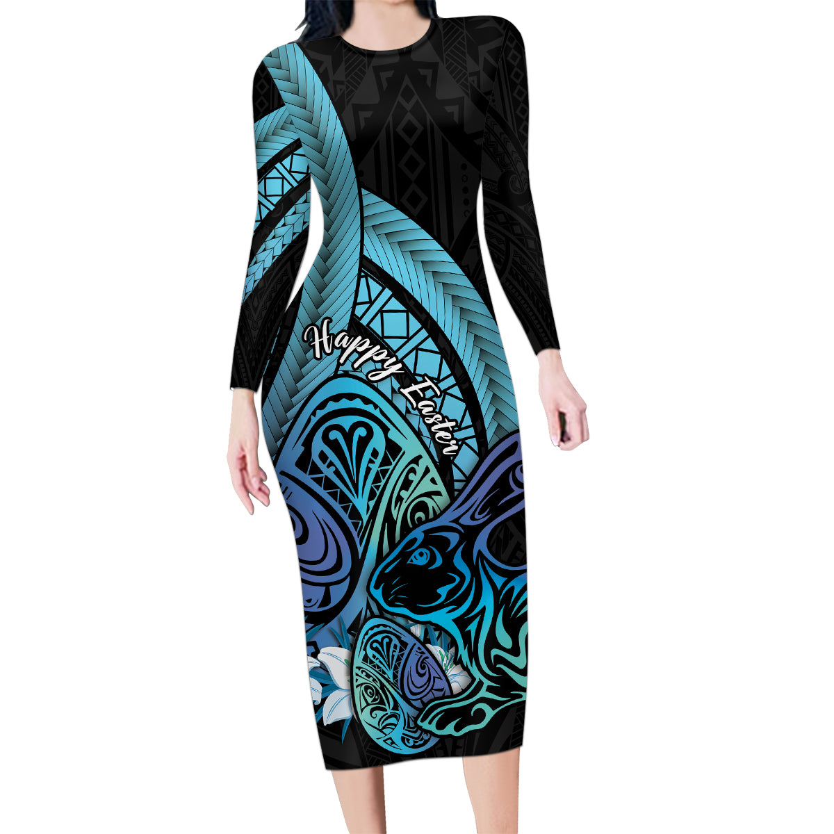 Turquoise Polynesia Easter Day Family Matching Long Sleeve Bodycon Dress and Hawaiian Shirt Eggs With Bunny Polynesian Pattern