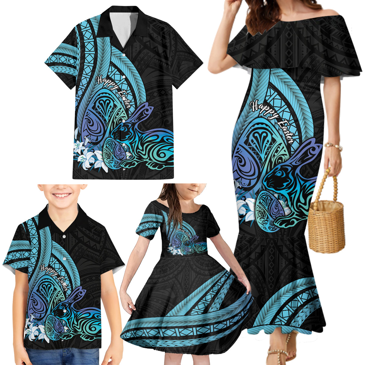 Turquoise Polynesia Easter Day Family Matching Mermaid Dress and Hawaiian Shirt Eggs With Bunny Polynesian Pattern LT14 - Polynesian Pride