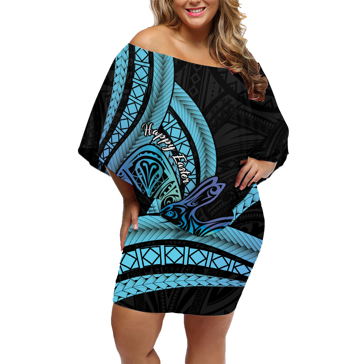 Turquoise Polynesia Easter Day Family Matching Off Shoulder Short Dress and Hawaiian Shirt Eggs With Bunny Polynesian Pattern