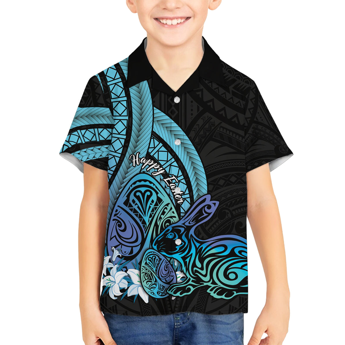 Turquoise Polynesia Easter Day Family Matching Off Shoulder Short Dress and Hawaiian Shirt Eggs With Bunny Polynesian Pattern