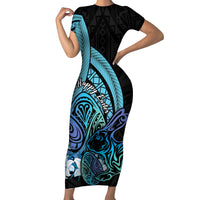 Turquoise Polynesia Easter Day Family Matching Short Sleeve Bodycon Dress and Hawaiian Shirt Eggs With Bunny Polynesian Pattern
