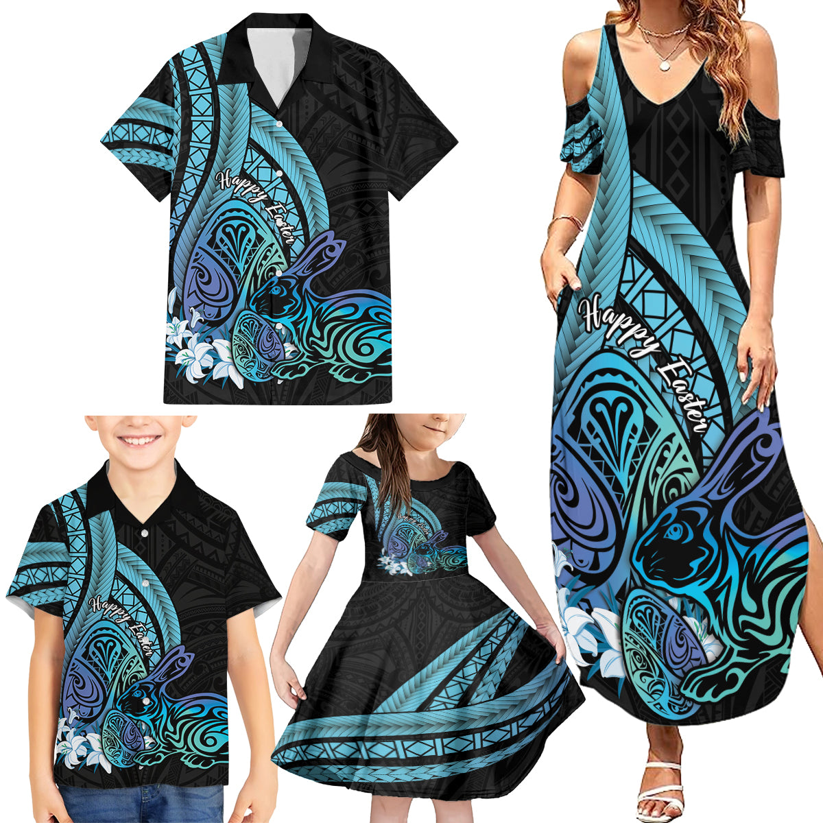 Turquoise Polynesia Easter Day Family Matching Summer Maxi Dress and Hawaiian Shirt Eggs With Bunny Polynesian Pattern LT14 - Polynesian Pride