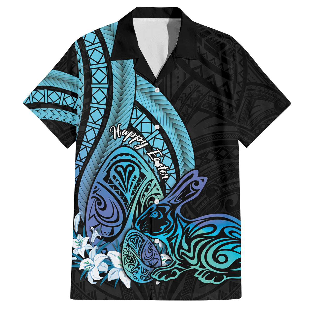 Turquoise Polynesia Easter Day Family Matching Summer Maxi Dress and Hawaiian Shirt Eggs With Bunny Polynesian Pattern