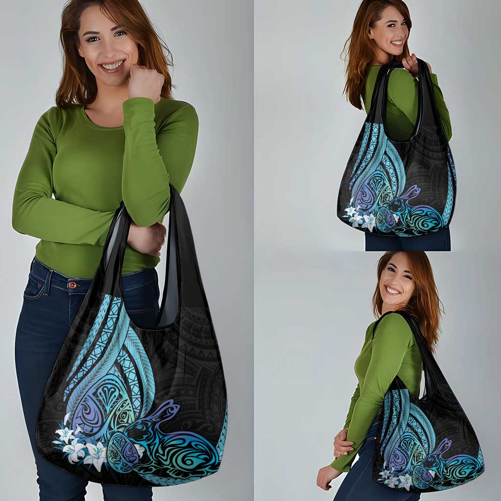 Turquoise Polynesia Easter Day Grocery Bag Eggs With Bunny Polynesian Pattern