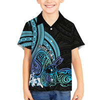 Turquoise Polynesia Easter Day Kid Hawaiian Shirt Eggs With Bunny Polynesian Pattern