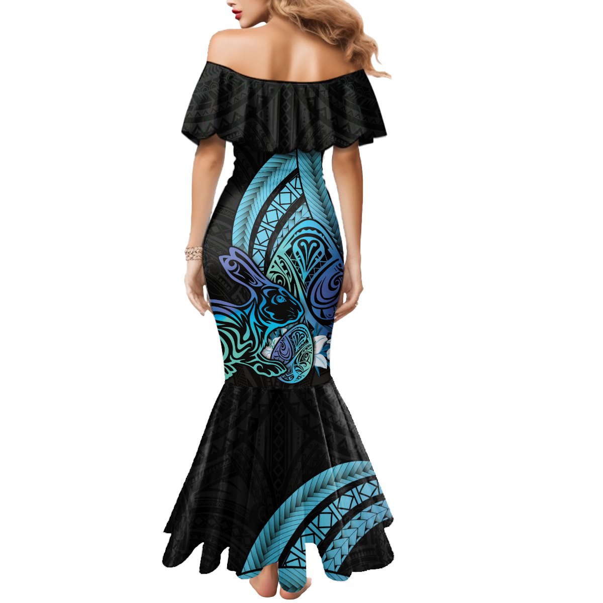 Turquoise Polynesia Easter Day Mermaid Dress Eggs With Bunny Polynesian Pattern