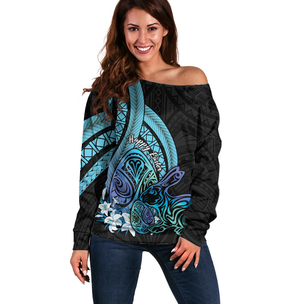Turquoise Polynesia Easter Day Off Shoulder Sweater Eggs With Bunny Polynesian Pattern LT14 Women Turquoise - Polynesian Pride