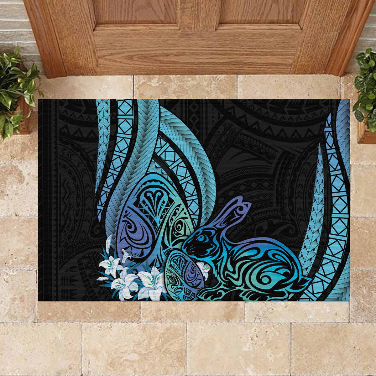Turquoise Polynesia Easter Day Rubber Doormat Eggs With Bunny Polynesian Pattern